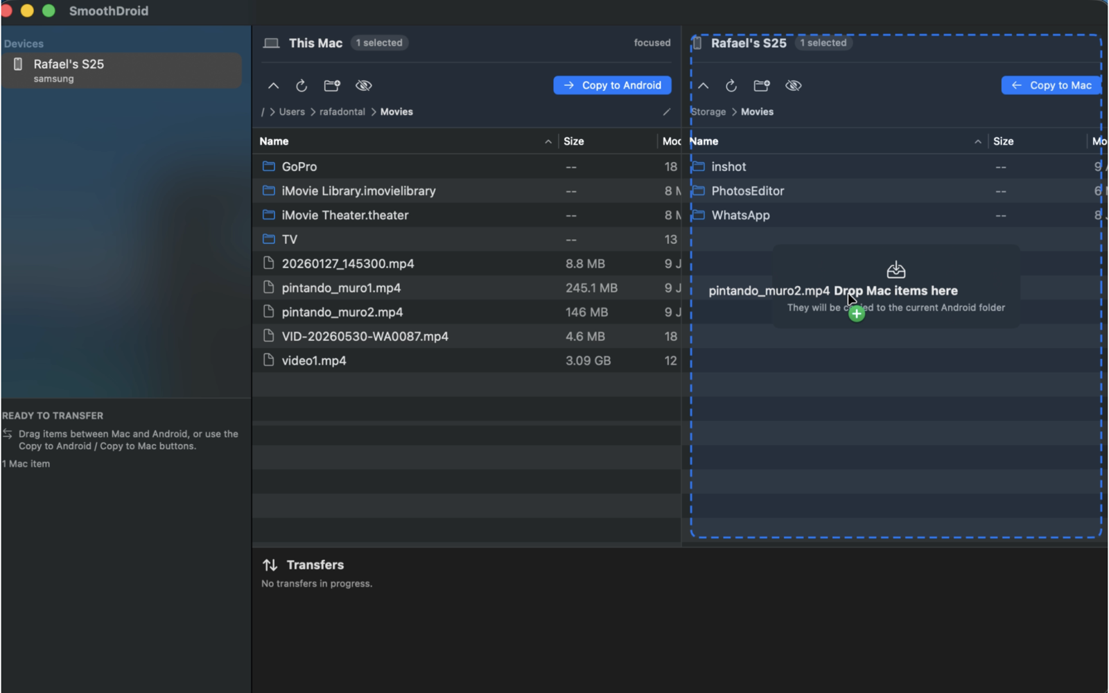 Dragging a video from the Mac pane to the Android Movies folder in SmoothDroid