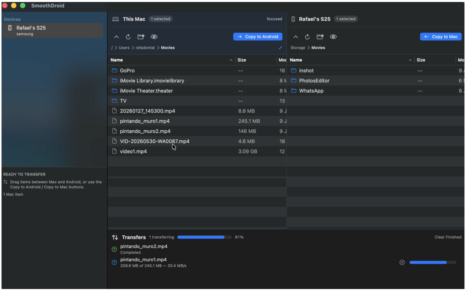 SmoothDroid showing a USB file transfer between a Mac and Samsung Android phone
