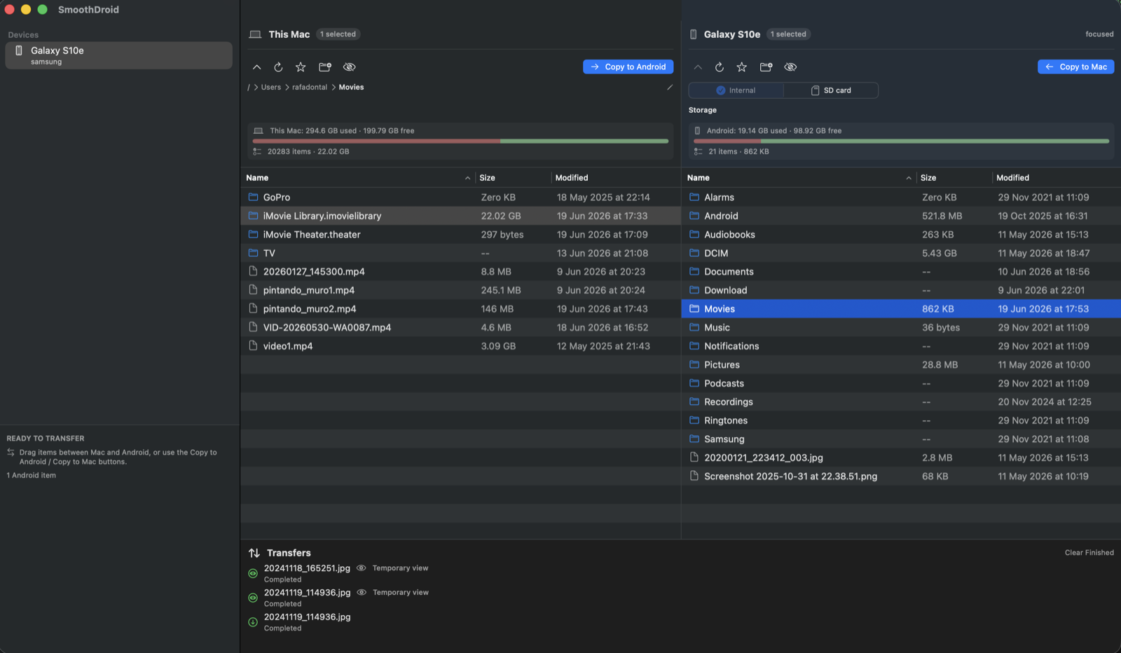 SmoothDroid showing a Mac pane and an Android pane side by side with copy buttons, storage bars, selected files, and completed transfers